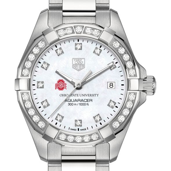 Ohio State University Women's TAG Heuer Steel Aquaracer with MOP Diamond Dial & Bezel - Image 1