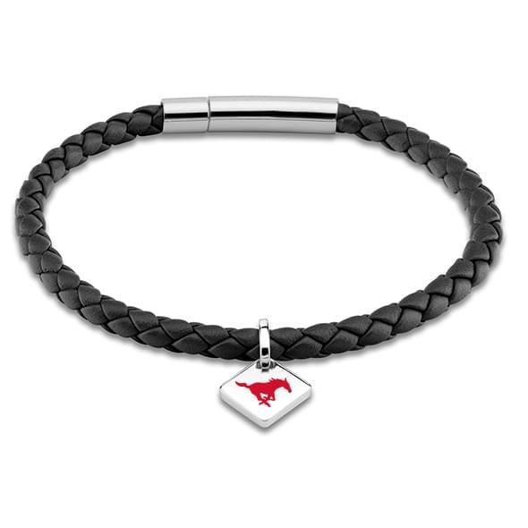 Southern Methodist University Leather Bracelet with Sterling Silver Tag - Black