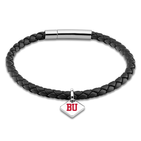 Boston University Leather Bracelet with Sterling Silver Tag - Black - Image 1