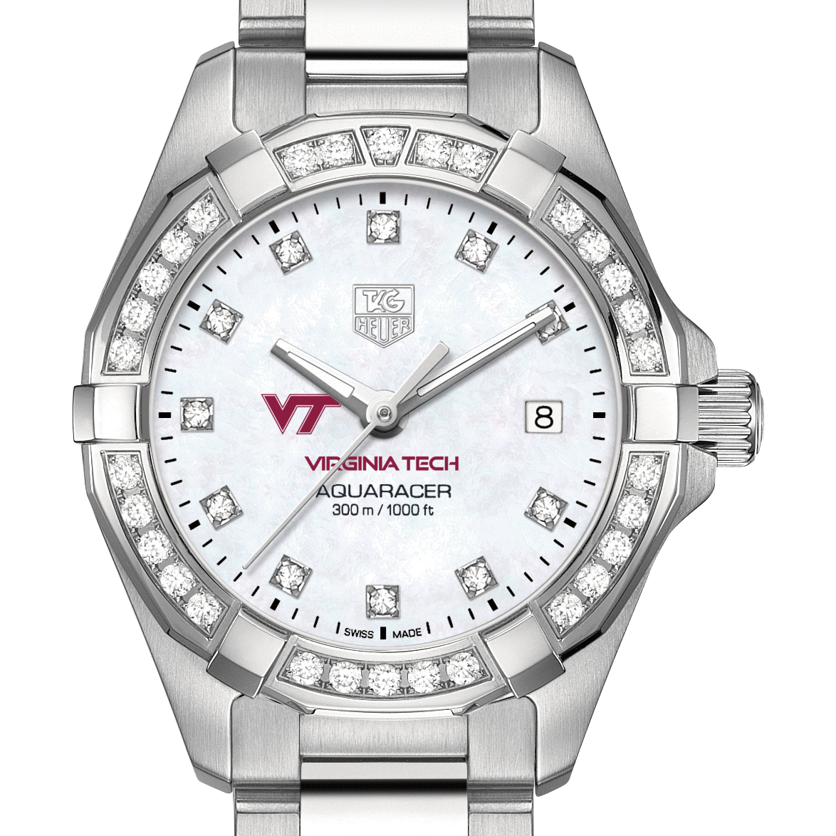 Virginia Tech Women's TAG Heuer Steel Aquaracer with MOP Diamond Dial & Diamond Bezel