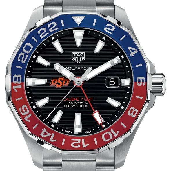 Oklahoma State Men's TAG Heuer Automatic GMT Aquaracer with Black Dial and Blue & Red Bezel - Image 1