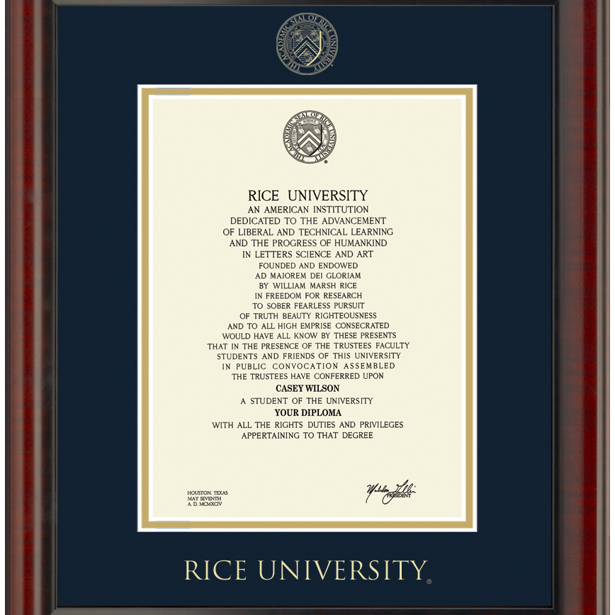 Official Rice University Diploma Frame, the Fidelitas - Graduation Gift ...