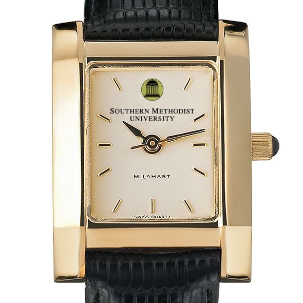 SMU Women's Gold Quad Watch with Leather Strap