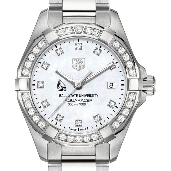 Ball State University Women's TAG Heuer Steel Aquaracer with MOP Diamond Dial & Bezel - Image 1
