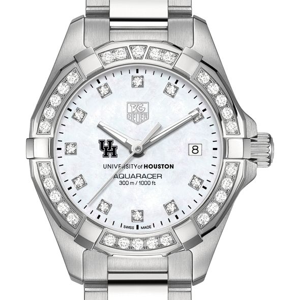 University of Houston Women's TAG Heuer Steel Aquaracer with MOP Diamond Dial & Bezel - Image 1